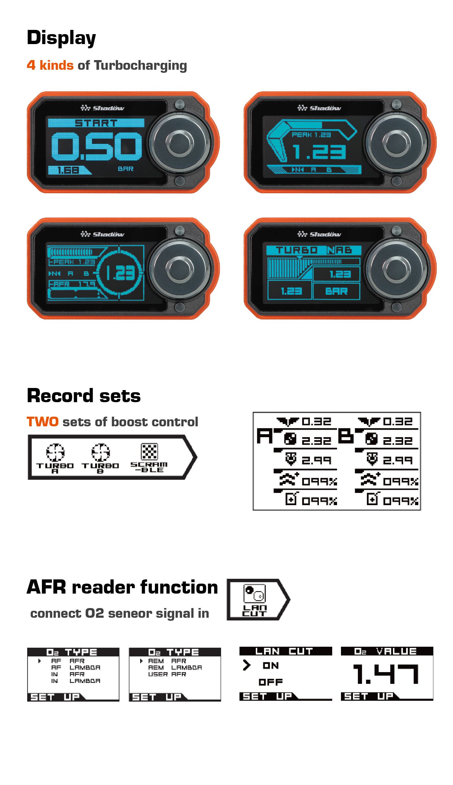 4 tipos de turbocargadores, DOS juegos de control de refuerzo, función de lector AFR.