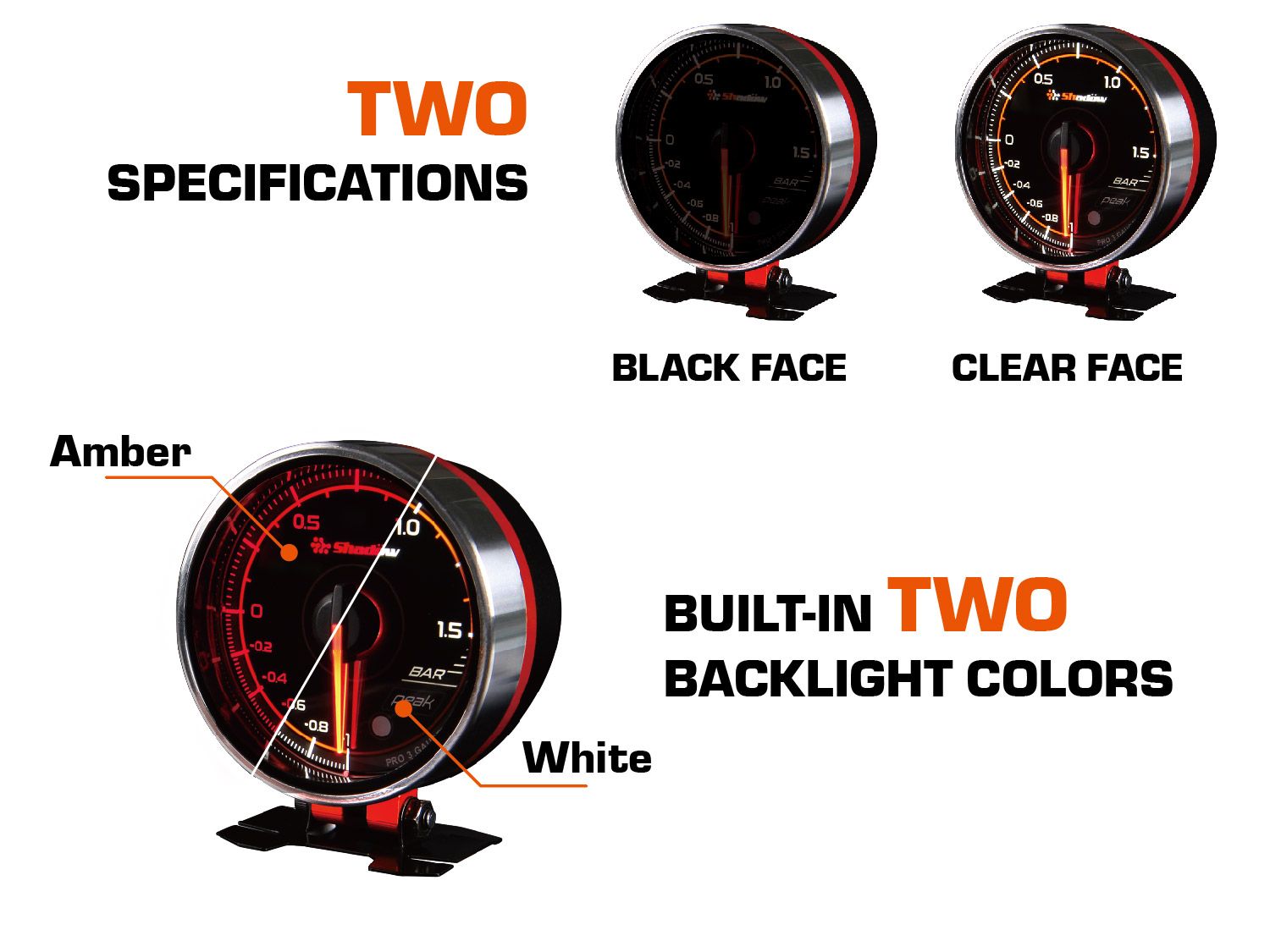 هناك مواصفتان ومدمجتان اثنتان من ألوان الإضاءة الخلفية لعداد السباق Shadow PRO3
