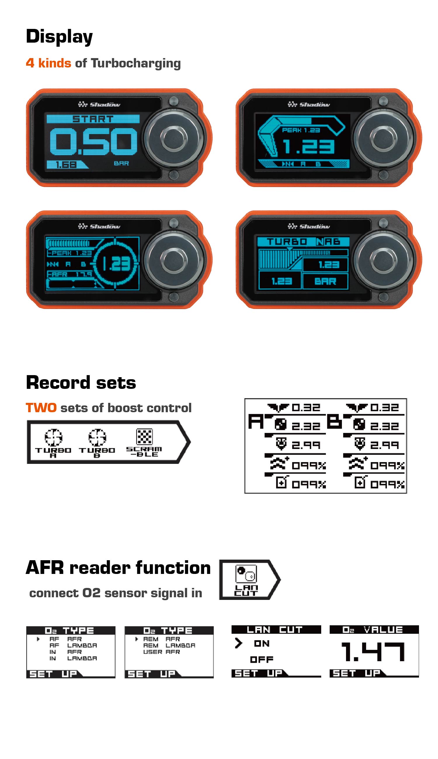 4 kinds of Turbocharging,TWO sets of boost control,AFR reader function.